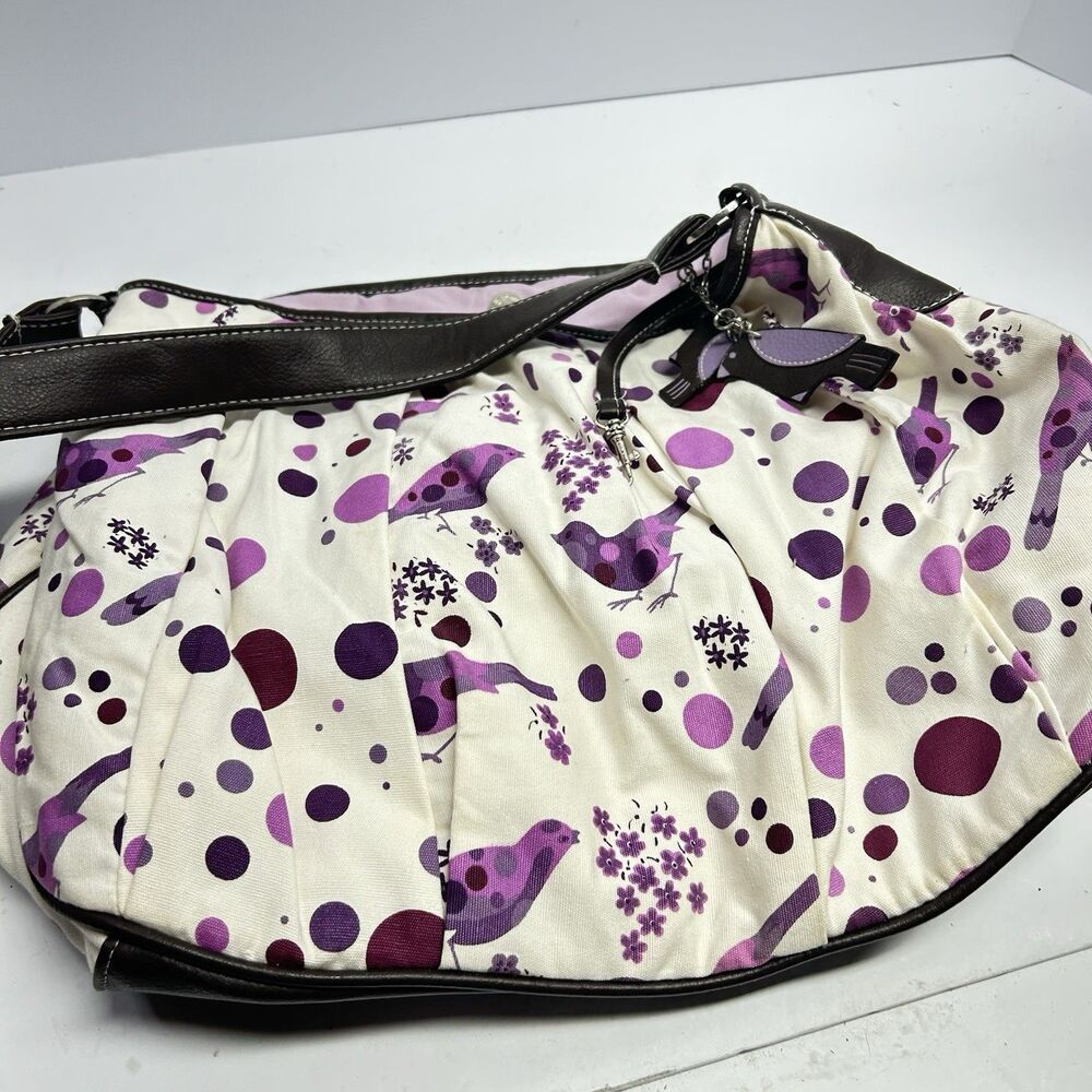 Cacharel Parfums Purple Bird Print Canvas Slouchy Shoulder Bag Brown Trim